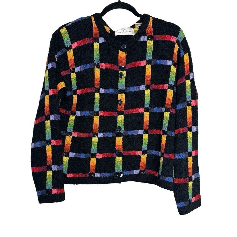 Janes Closet Art To Wear Button Cardigan Sweater Sequins Rainbow Plaid Vintage S